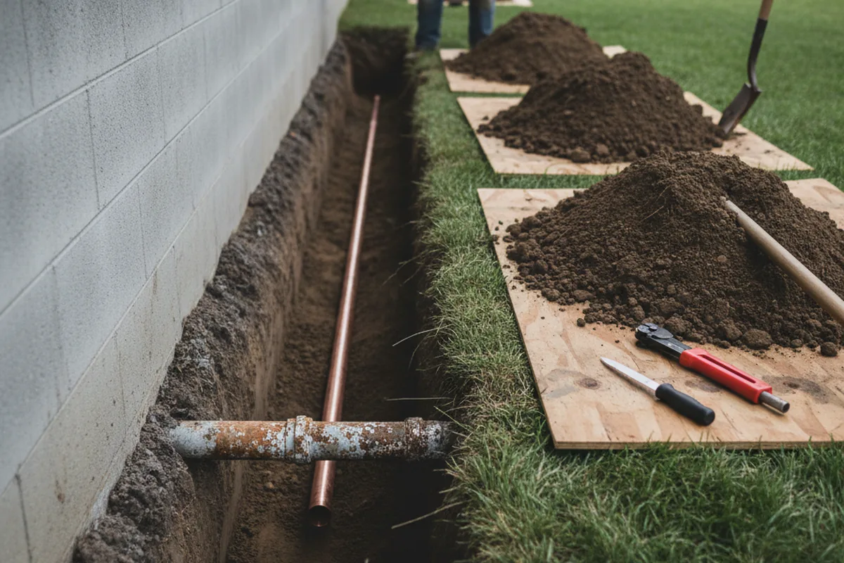 Excavated water line trench during Water Heater Repair in Old Forge